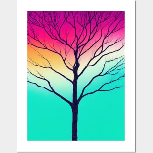 Vibrant Colored Whimsical Minimalist Lonely Tree at Dawn - Abstract Minimalist Bright Colorful Nature Poster Art of a Leafless Branches Posters and Art